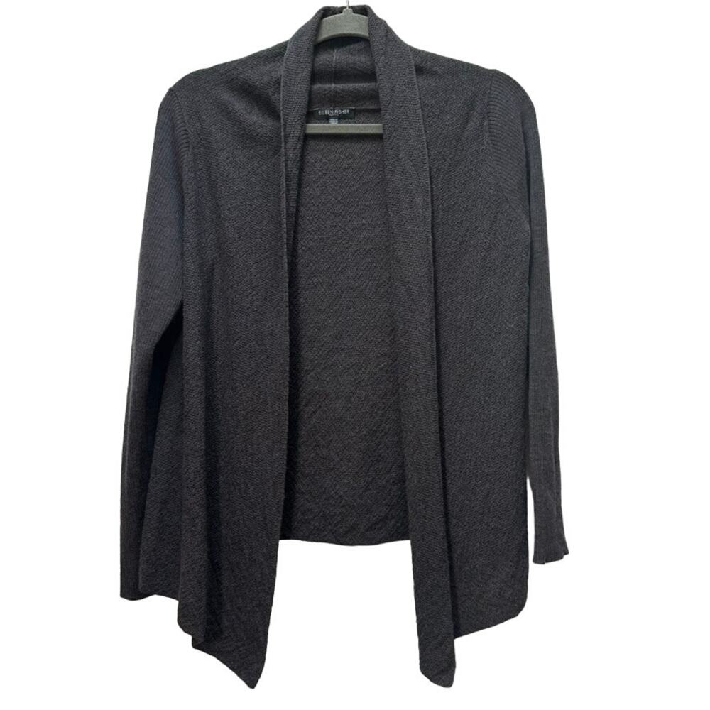 Eileen Fisher Washable Wool Crepe Charcoal Open Cardigan Ribbed Petite M / PM